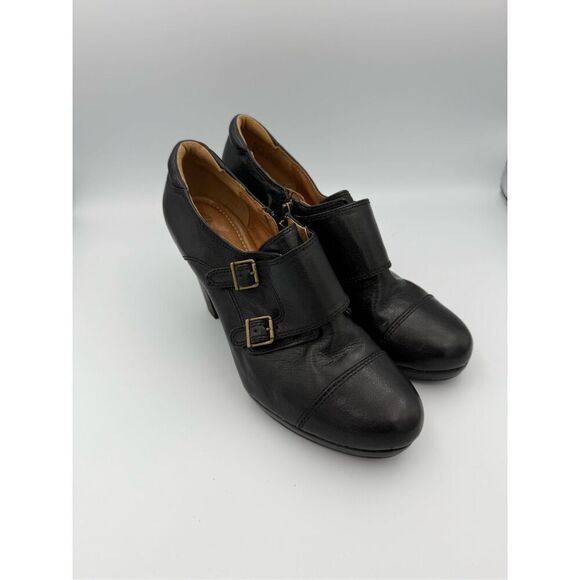 Clarks Flyrt Fancy Womens Black Monk Strap Leather Heel Ankle Booties Size 10 - Picture 9 of 9